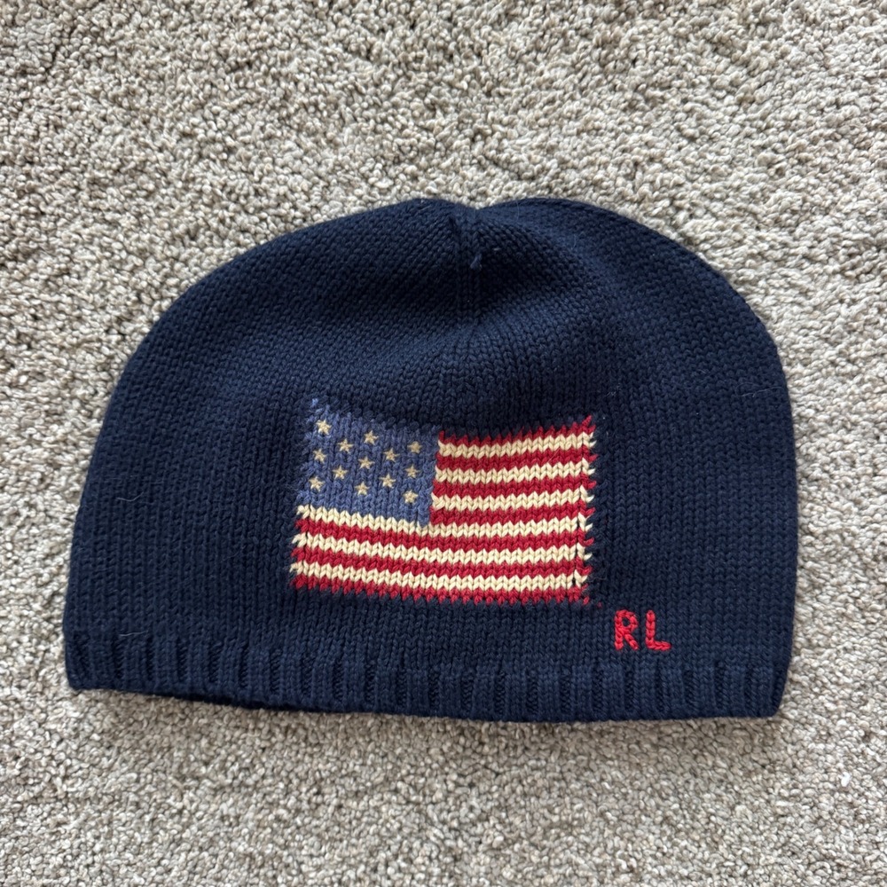 Polo Ralph Lauren Navy Blue American Flag Fleece Lined Knit Beanie Hat